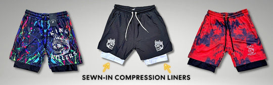 three pairs of men's 2 in 1 gym shorts with compression lining from king killers apparel