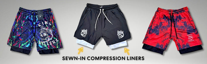 three pairs of men's 2 in 1 gym shorts with compression lining from king killers apparel