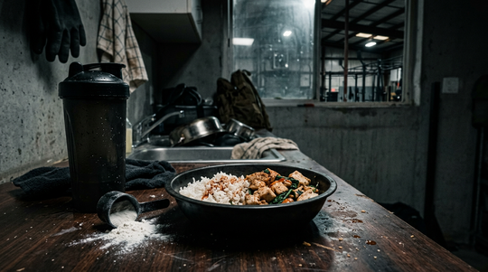 Post-training meal setup for a combat athlete