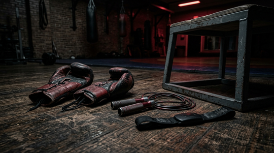 Combat sports training gear on a gym floor