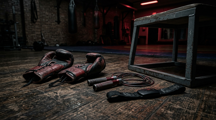Combat sports training gear on a gym floor
