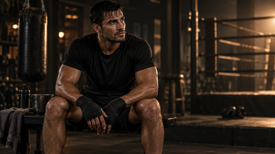 Boxer resting on a bench after training in a dark boxing gym.