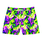 Psychedelic Swirl Men's Swim Shorts — Neon Green & Purple Mid-Length Boardshorts
