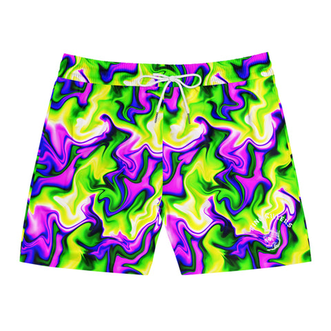 Psychedelic Swirl Men's Swim Shorts — Neon Green & Purple Mid-Length Boardshorts