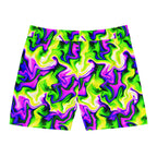 Psychedelic Swirl Men's Swim Shorts — Neon Green & Purple Mid-Length Boardshorts