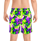 Psychedelic Swirl Men's Swim Shorts — Neon Green & Purple Mid-Length Boardshorts