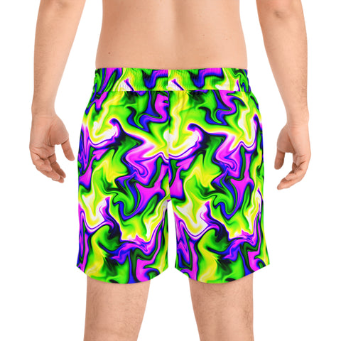 Psychedelic Swirl Men's Swim Shorts — Neon Green & Purple Mid-Length Boardshorts
