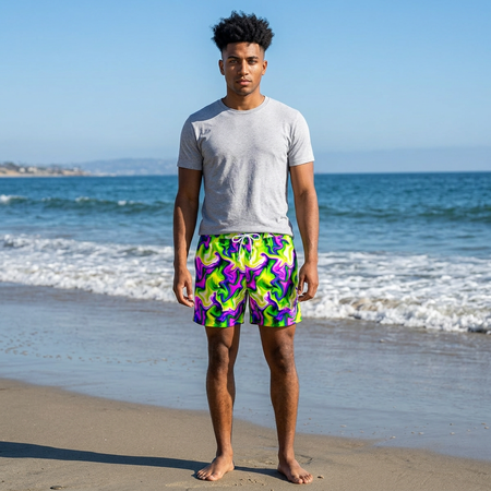 Psychedelic Swirl Men's Swim Shorts — Neon Green & Purple Mid-Length Boardshorts