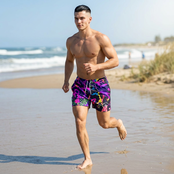 Bold Jungle Print Swim Trunks — All-Over Tropical Swim Shorts