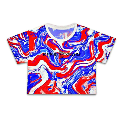 4th of july inspired crop top featuring a red, white and blue swirl pattern with king killers logo across the chest - King Killers