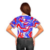 Women facing backwards wearing 4th of july inspired crop top featuring a red, white and blue swirl pattern - King Killers