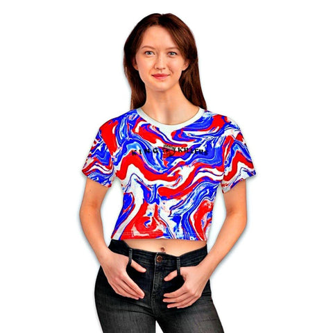 women facing front wearing a 4th of july inspired crop top featuring a red, white and blue swirl pattern with king killers logo across the chest - King Killers