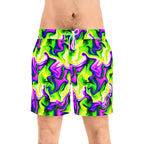 Psychedelic Swirl Men's Swim Shorts — Neon Green & Purple Mid-Length Boardshorts