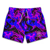 front view, mens short swim trunks with a deep blue and purple swirl all over print pattern from King Killers Apparel