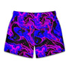 back view, mens short swim trunks with a deep blue and purple swirl all over print pattern from King Killers Apparel