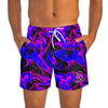 mens short swim trunks with a deep blue and purple swirl all over print pattern from King Killers Apparel