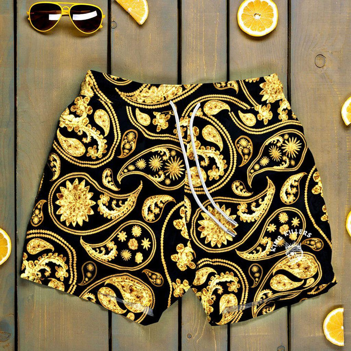 gold paisley swim trunks for men - King Killers Apparel