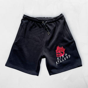 black fleece sweat shorts with red skull embroidery on left leg - King Killers Apparel