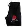 black fleece sweat shorts with red skull embroidery, side view - King Killers Apparel
