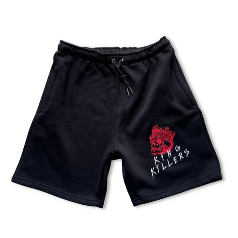 black fleece sweat shorts with red skull embroidery - King Killers Apparel