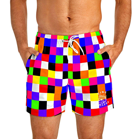 colorful checkerboard swim trunks for men, front - King Killers Apparel