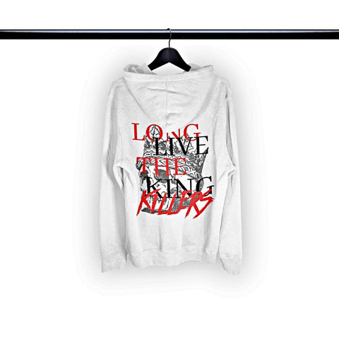 Back Side Of A premium pullover hoodie with LONG LIVE THE KING KILLERS Printed On The Back Over A King Skull - King Killers Apparel