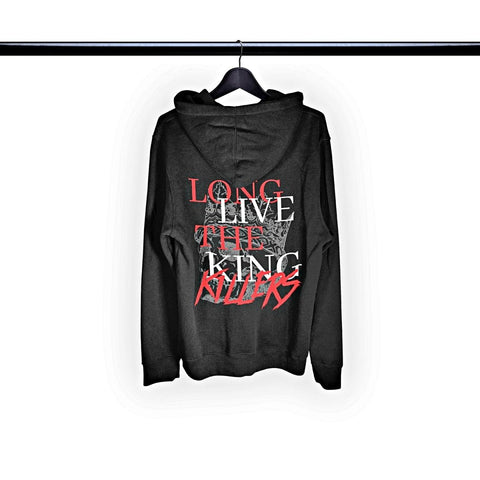 Back Side Of A premium pullover hoodie with LONG LIVE THE KING KILLERS Printed On The Back Over A King Skull, Black - King Killers Apparel
