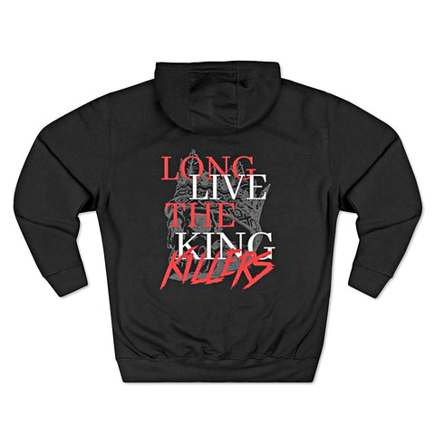 Back Side Of A premium pullover hoodie with LONG LIVE THE KING KILLERS Printed On The Back Over A King Skull, Black - King Killers Apparel