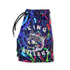 Left Leg Side view neon paint splatter mesh gym shorts with King Killers Logo On Left Thigh - King Killers Apparel