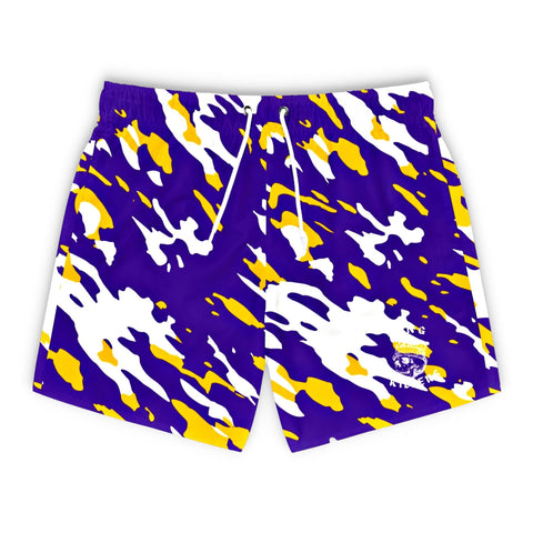 purple and gold camouflage swim trunks for men, front - King Killers Apparel