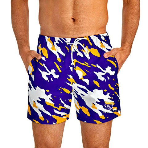 purple and gold camouflage swim trunks for men - King Killers Apparel