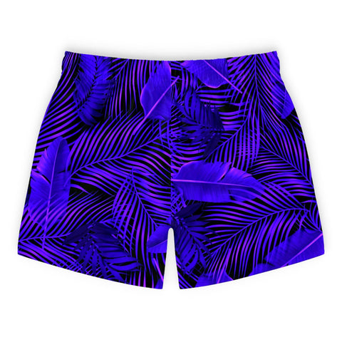 mens short swim trunks with a purple palm leaf all over print pattern design - King Killers Apparel