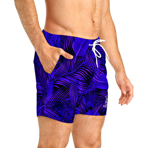 mens short swim trunks with a purple palm leaf all over print pattern design - King Killers Apparel