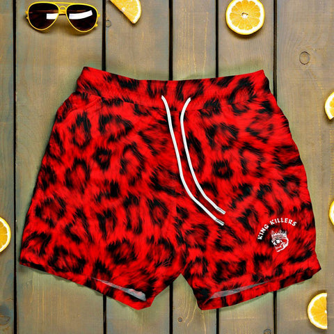 Red Leopard Print Mid Thigh Cut Swim Trunks - King Killers