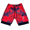 2 in 1 hybrid gym shorts with a red smokey pattern design and king killers logo on left leg