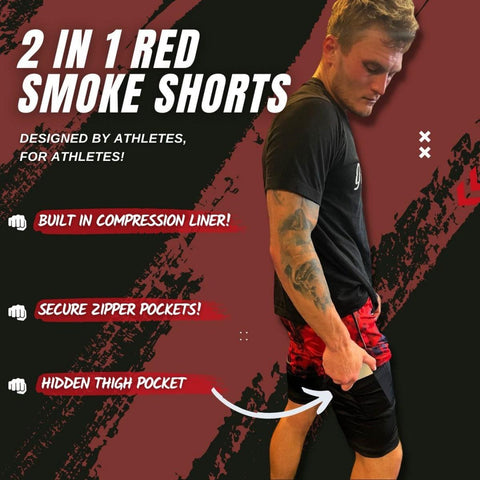 mens red smoke pattern 2 in 1 gym shorts with tights and thigh phone pocket - King Killers Apparel