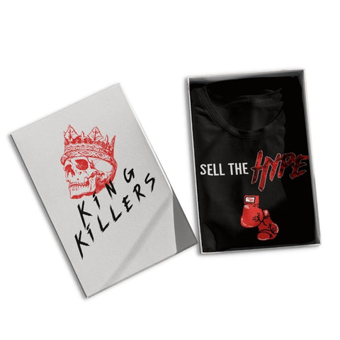 A black graphic t shirt with the words Sell The HYPE Across The Chest With Red Boxing Gloves Icon Packaged Up To Be Shipped Out - King Killers Apparel