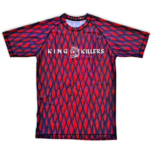 MMA Competition Short Sleeve Rash Guard With Dragon Scale Pattern, Front, Red - King Killers Apparel