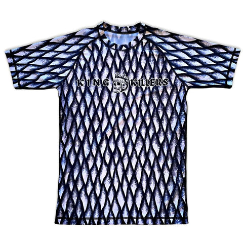 MMA Competition Short Sleeve Rash Guard With Dragon Scale Pattern, Front, White - King Killers Apparel