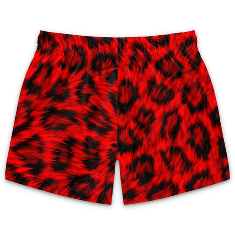 realistic red leopard fur mid thigh cut swim trunks - King Killers Apparel